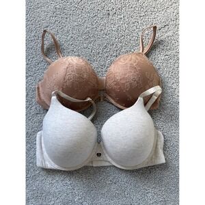 Victoria's Secret Bra Bundle Tan Lace  Push Up and Heather Gray T-Shirt Bra 32D